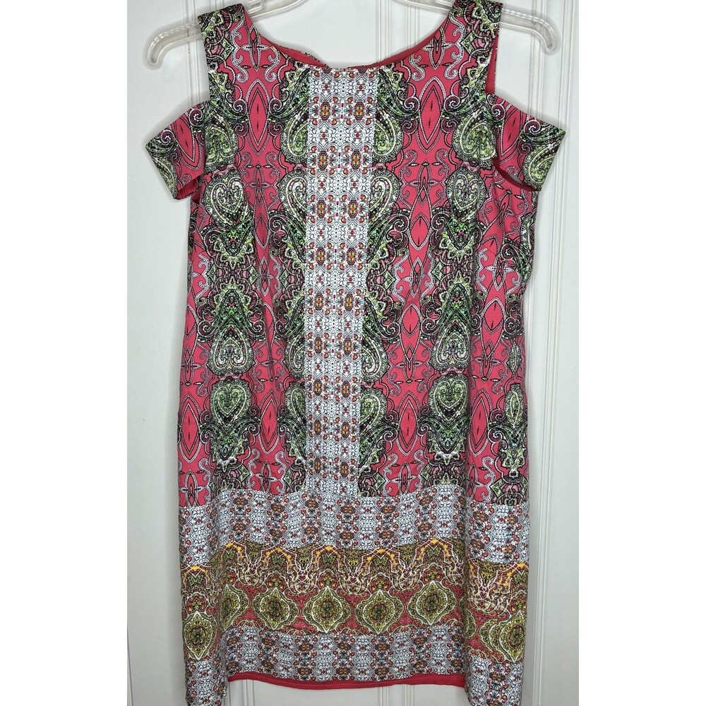 Hippie Boho Shift Dress Pink Green Yellow White Paisley Geo Size 14 Maggy London